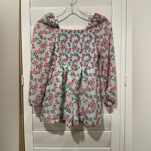 btween Mint Floral Smocked Long-Sleeve Dress with Pink Flowers